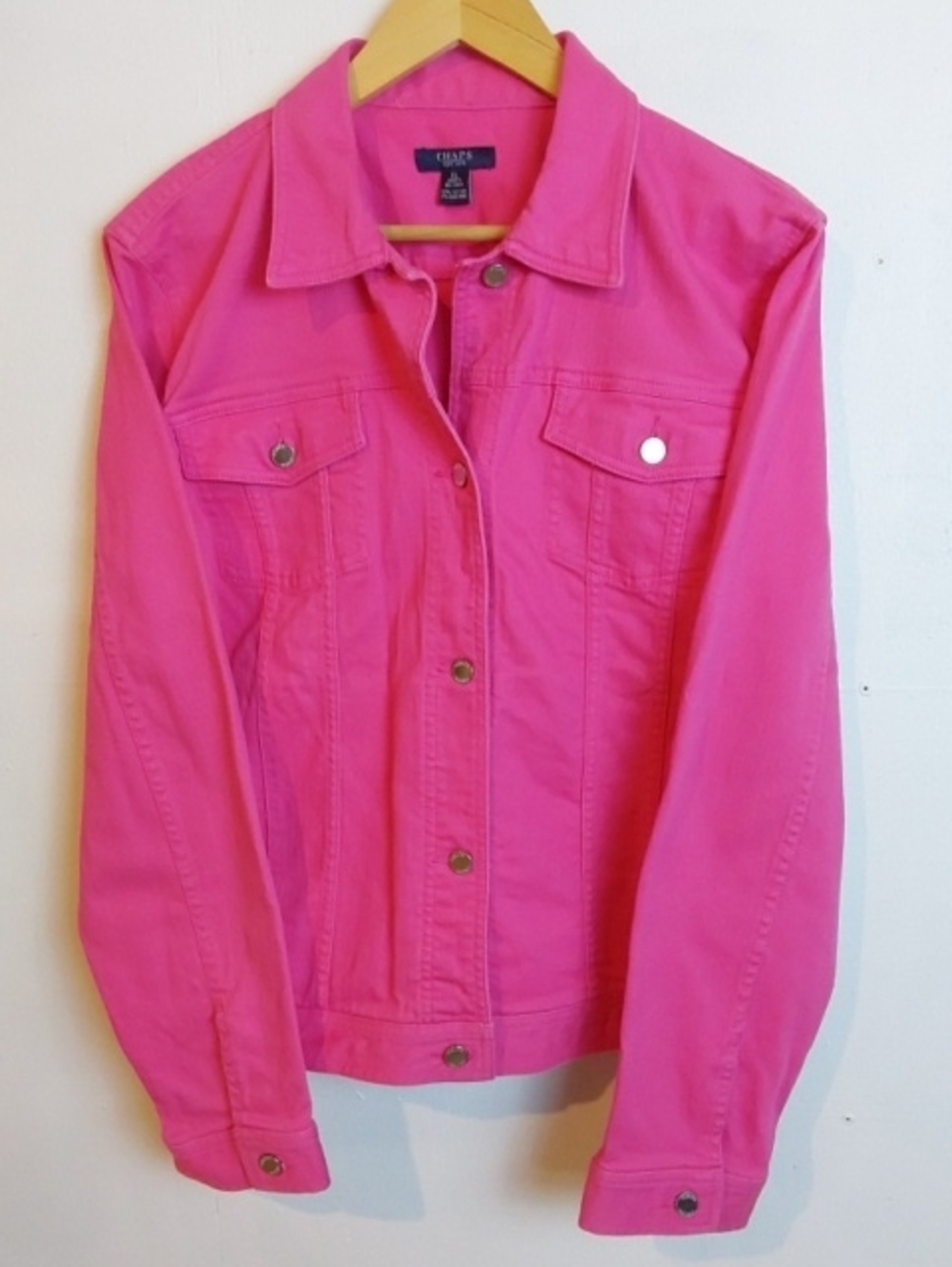 Chaps| Womens Bright Pink Denim Jean Jacket Silver Buttons Pockets Stretch Sz.XL
